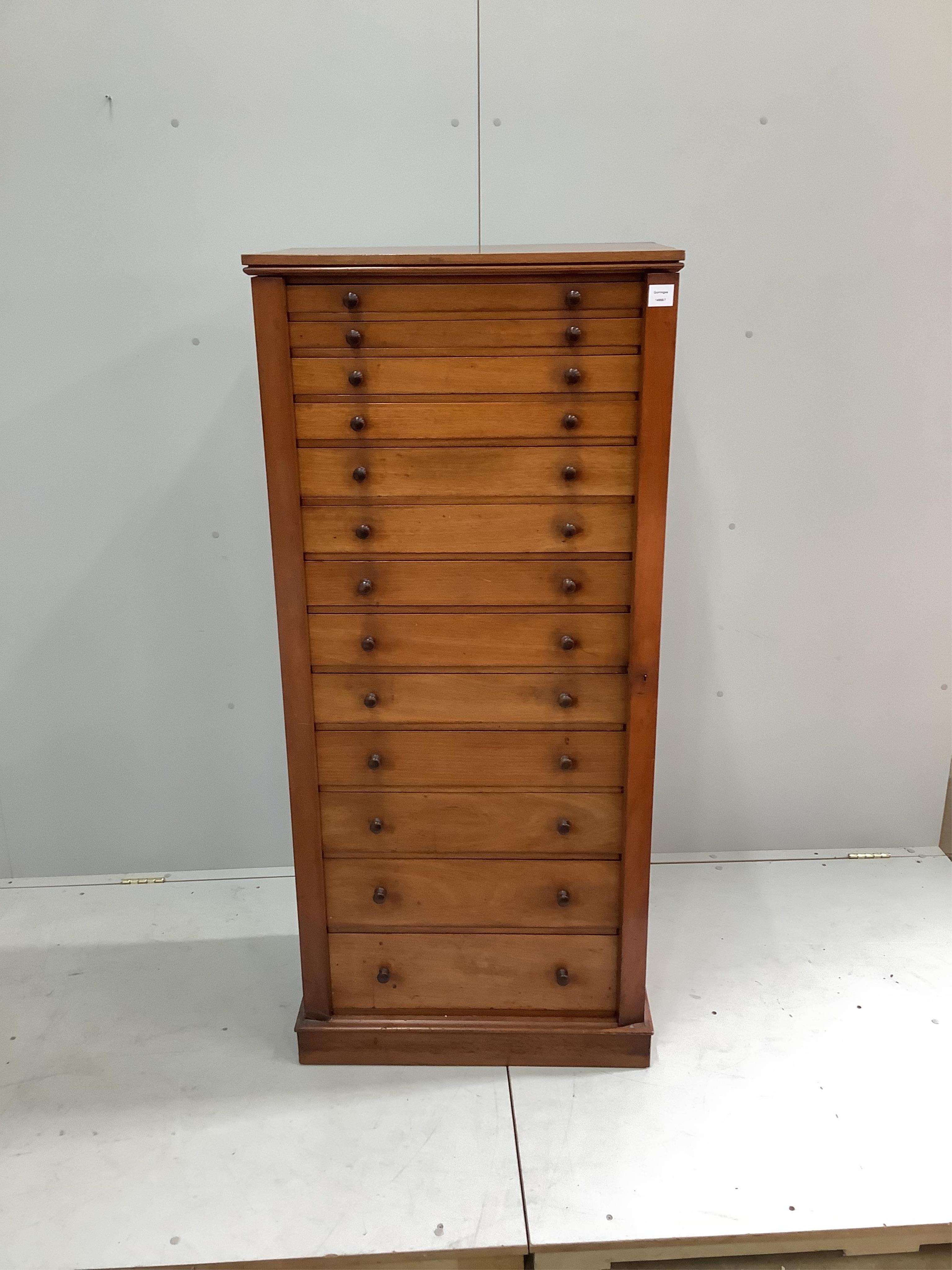 A Victorian mahogany thirteen graduated drawer collector's chest, with side locking bars, width 68cm, depth 44cm, height 153cm. Condition - fair